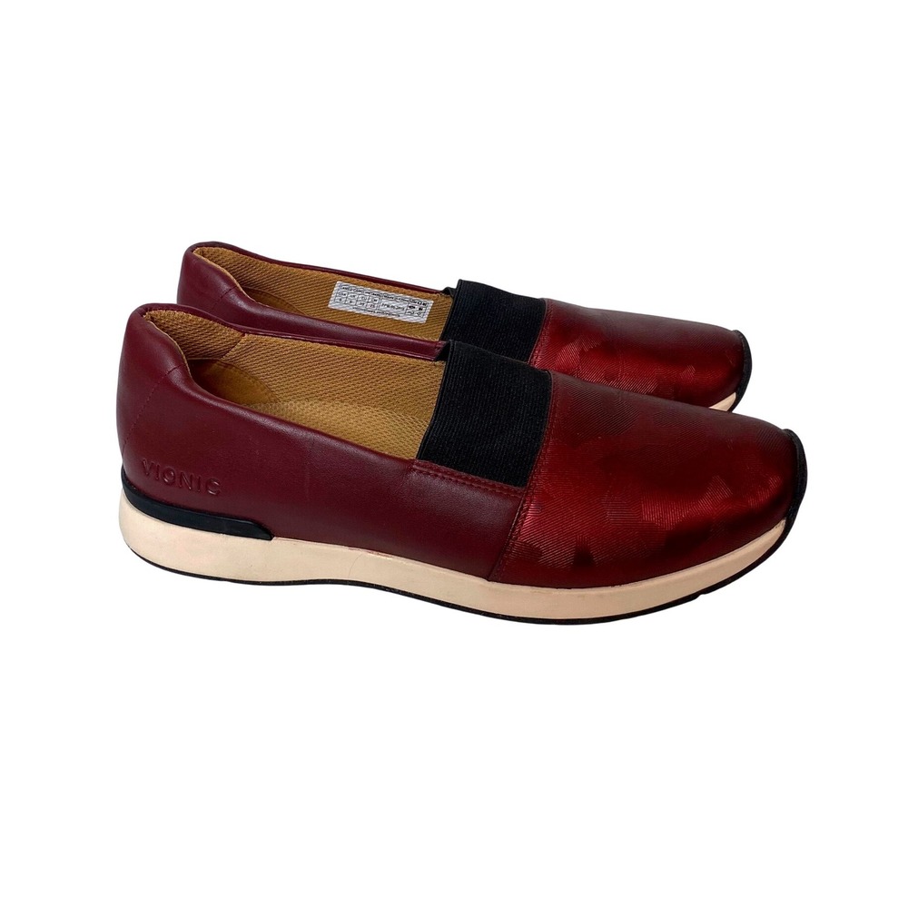 Vionic Burgundy Leather Slip On Sneakers Women Shoes Geometric Pattern Size 8‎